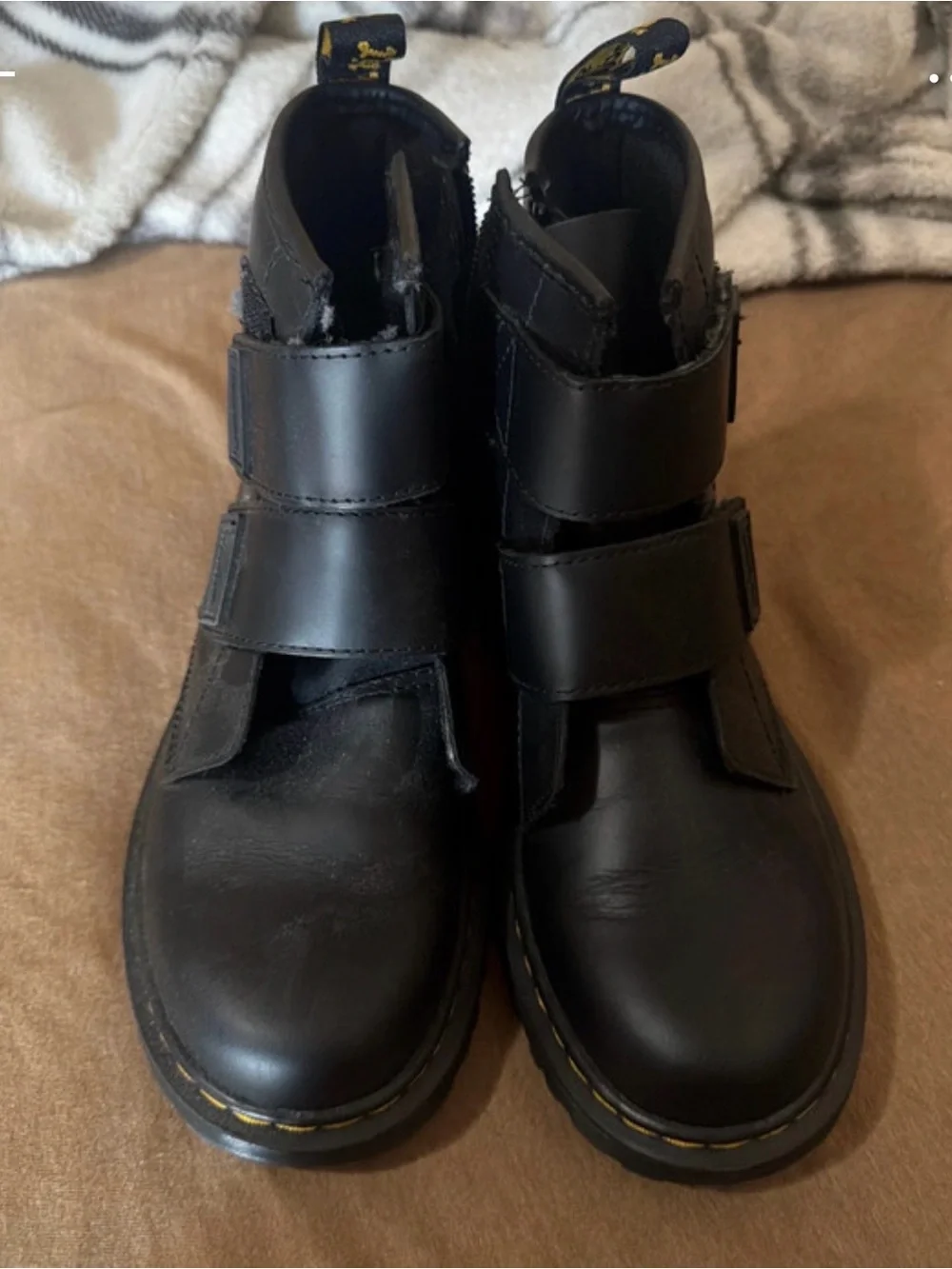 Dr. Martens Black Kids Velcro Combat Boots with Yellow Stitching